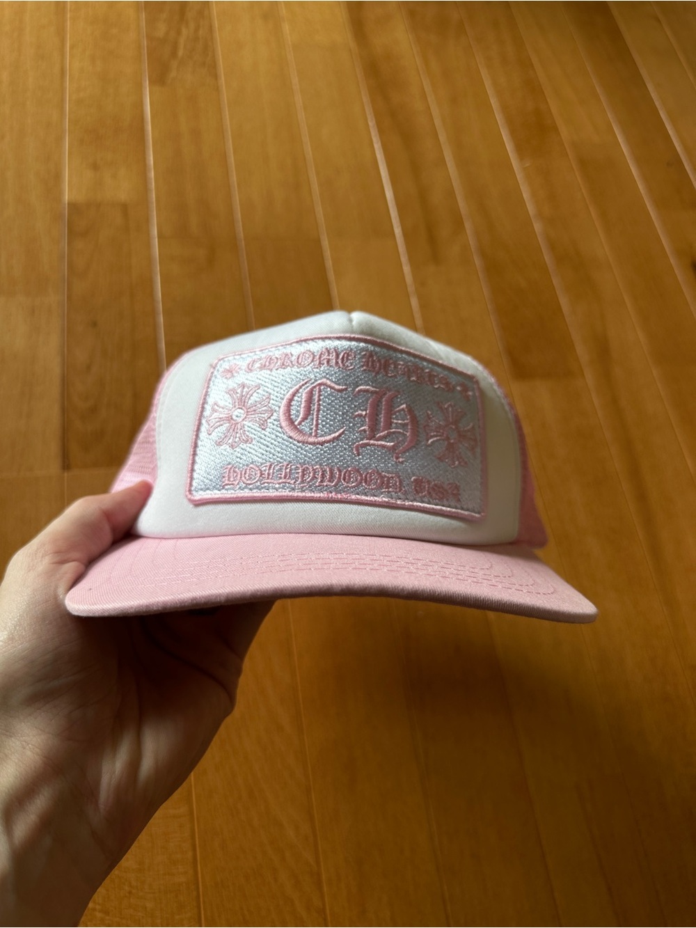 Chrome Hearts Pink and White Mesh Trucker Hat